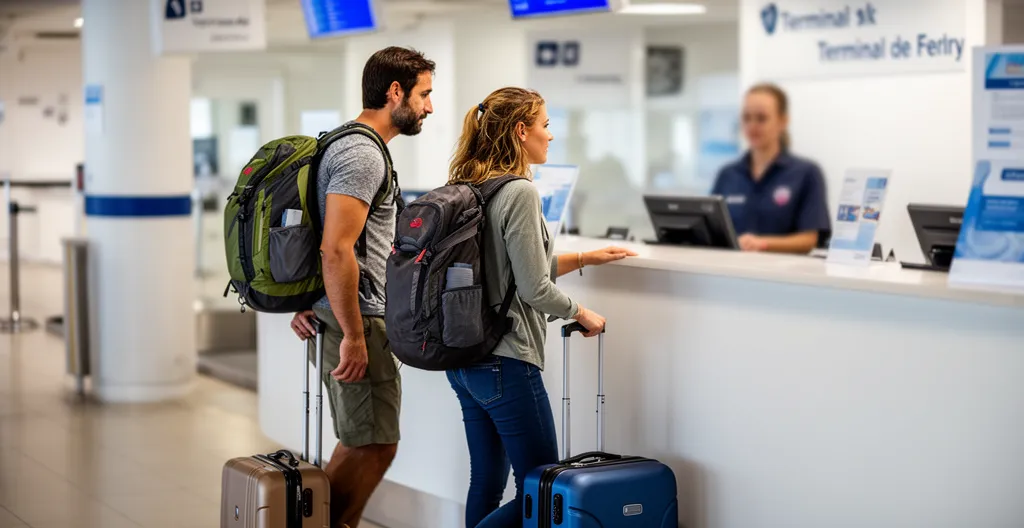 Reisende am Check-in-Schalter für Korsika-Fähre