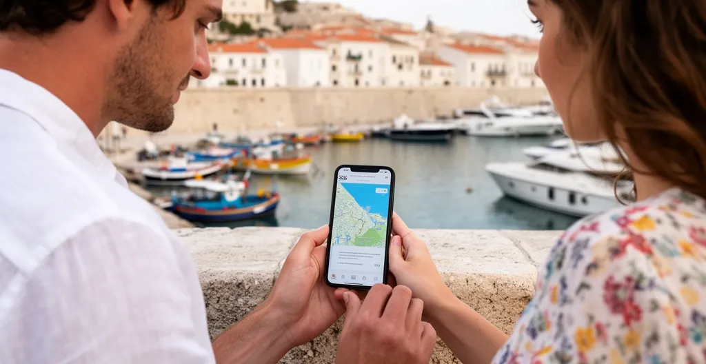 Familie plant Korsika-Fährüberfahrt am Smartphone mit Hafenkulisse